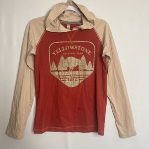Yellowstone National Park 1872 LS Hooded Graphic Tee Bison Pine Trees Womens S